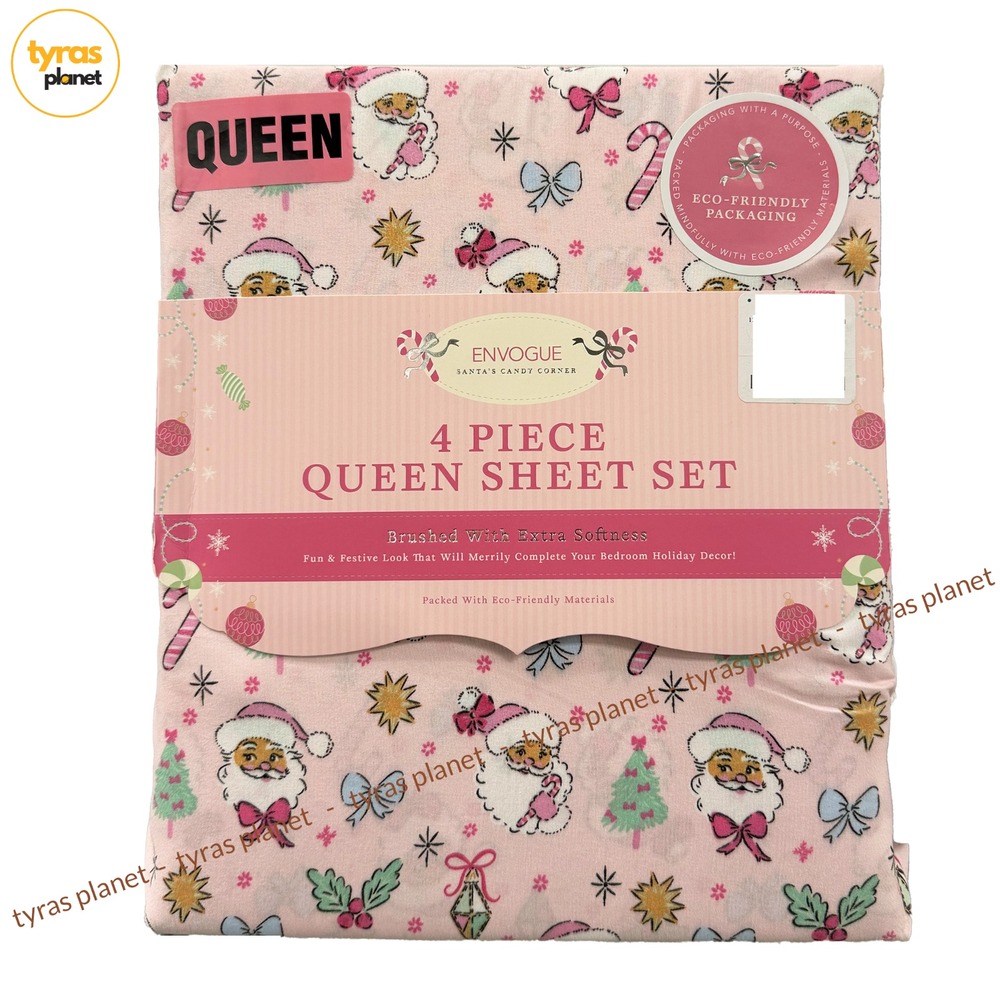 ENVOGUE Christmas Holiday Pink Santa Sheet Set - 4-pc QUEEN Size Set